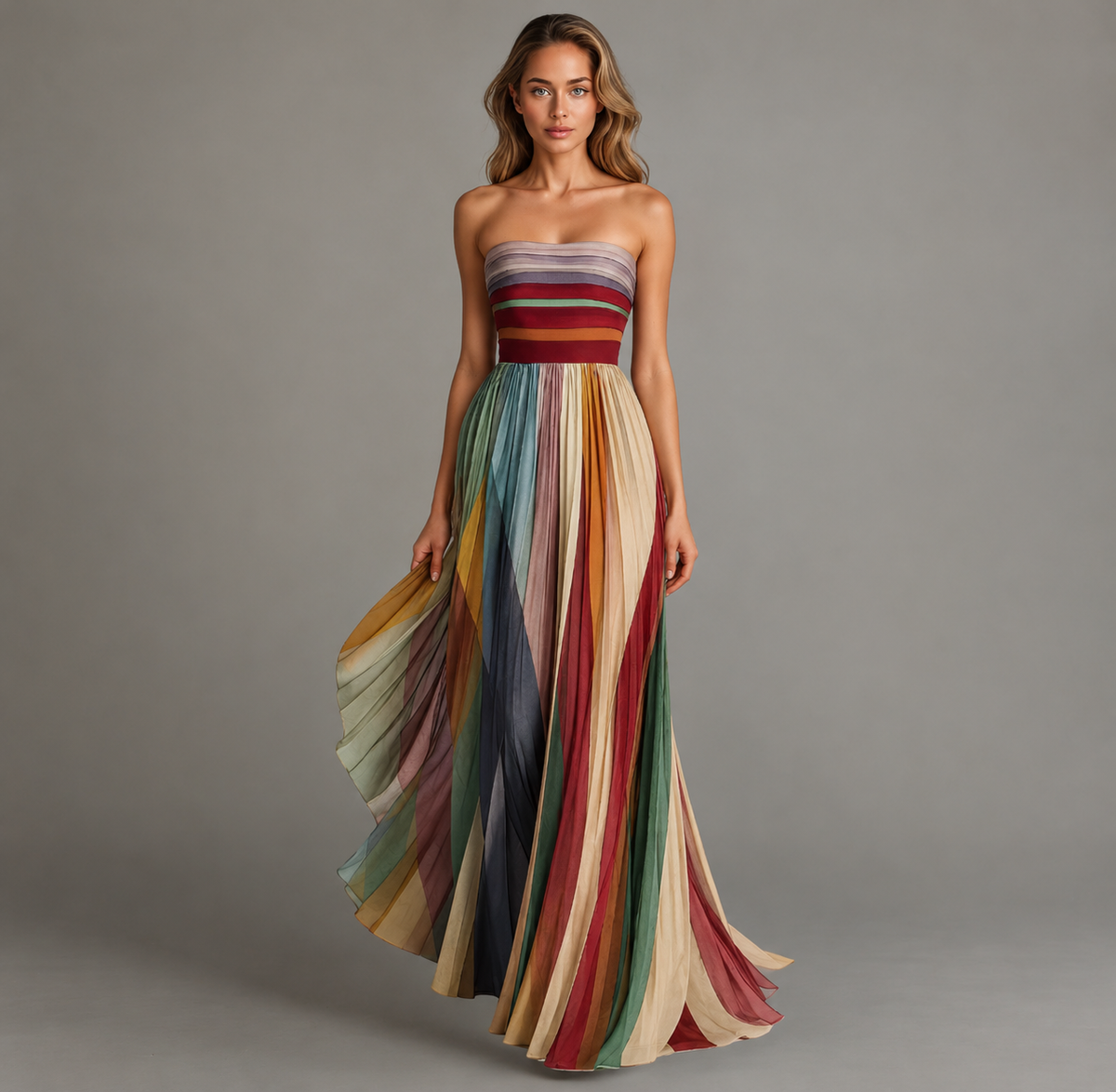 Genevieve Pleated Strapless Stripe Maxi Dress