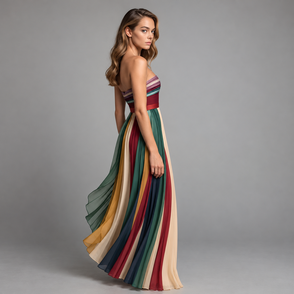 Genevieve Pleated Strapless Stripe Maxi Dress