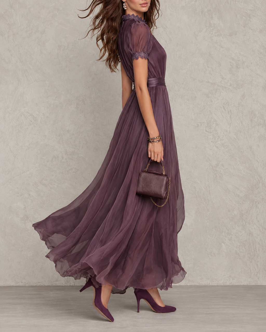 Celandine Pleated High-Neck Keyhole Maxi Dress