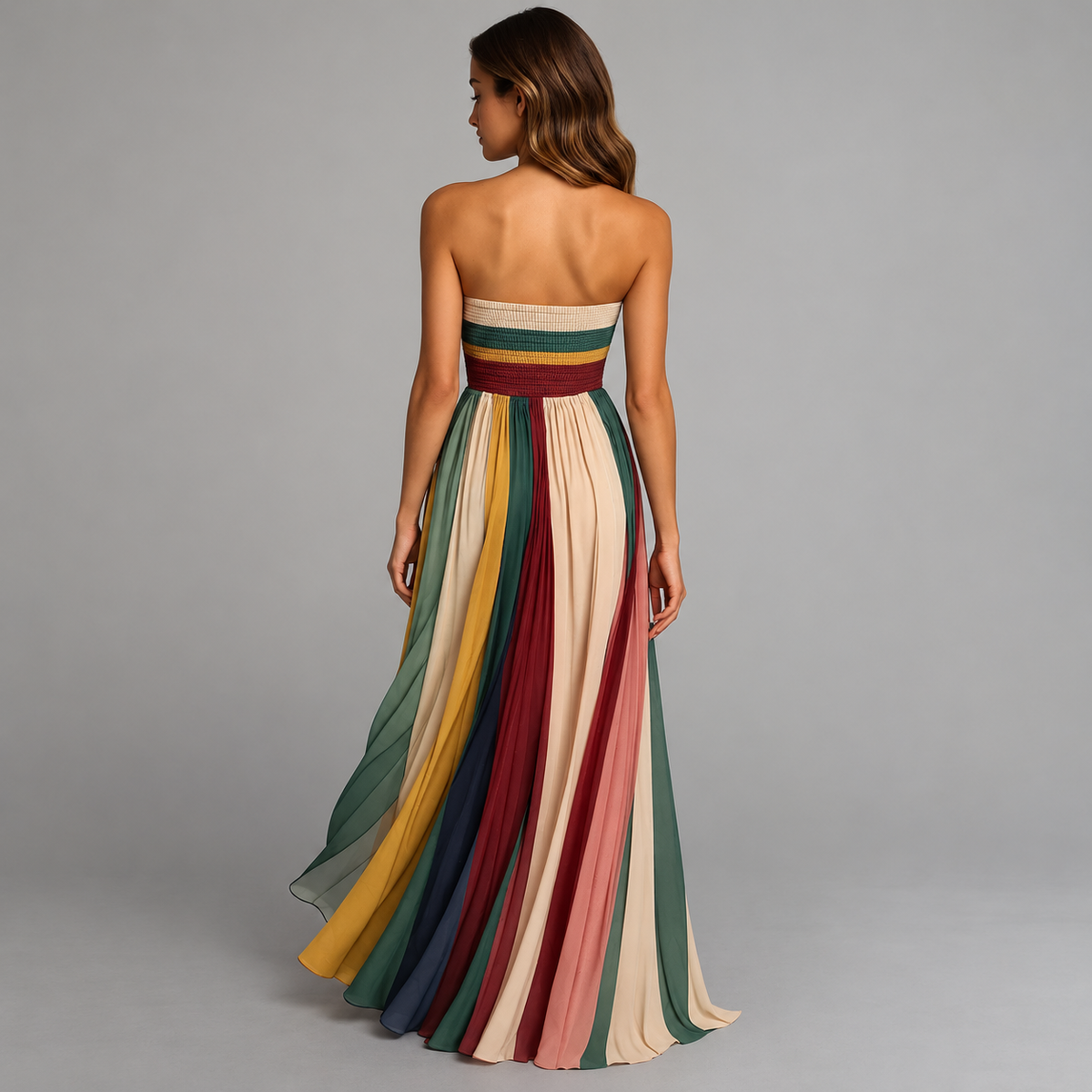 Genevieve Pleated Strapless Stripe Maxi Dress