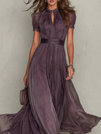 Celandine Women's Flowing Pleated High-Neck Maxi Dress Plum